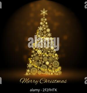 Big golden christmas tree decorated with snowflakes balls and stars background flat vector illustration Stock Vector