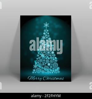 Dark merry christmas postcard with big decorated fir tree in blue light flat vector illustration Stock Vector