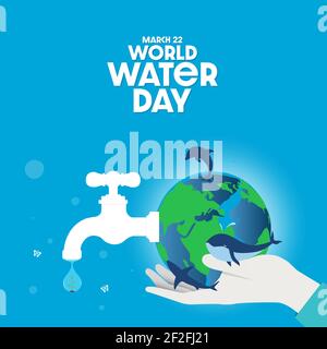 Water world days banner with hand hold faucet or water tap with a water out to earth Stock Vector