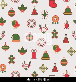 Happy Christmas symbols seamless pattern with different kind of gifts and holly toys with line colorful on the blue field hand drawn icons vector illu Stock Vector