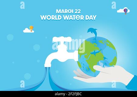 World water day with handhold faucet or water tap with water out to the earth and march 22 world water day text. Vector illustration. Stock Vector