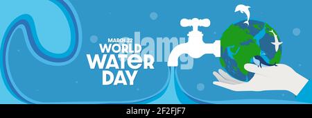 Save water world water day header or banner - handhold faucet or water tap with water out to the earth. Vector illustration. Stock Vector