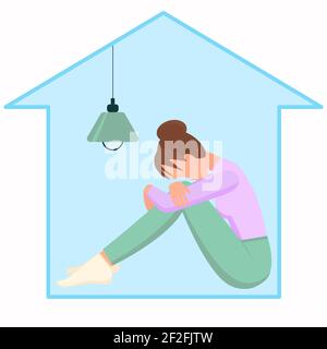 Sad girl at home. Lonely sad woman. Vector. Self-isolation. Depression and blues, despondency. Stock Vector