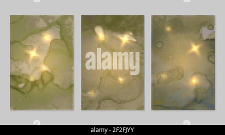 Marble set of gold and pale green backgrounds with texture. Geode pattern with glitter. Abstract vector backdrops in fluid art alcohol ink technique. Stock Vector