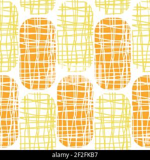 Irregular weave effect vector rectangles seamless pattern background. Backdrop with alternating columns of yellow orange rounded coarsely woven shapes Stock Vector
