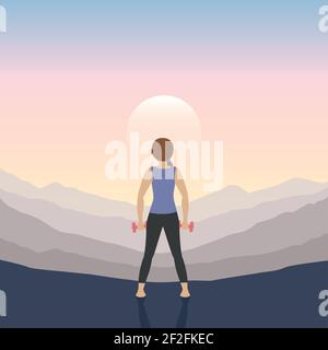 sporty girl does outdoor sport with dumbbells on mountain landscape Stock Vector