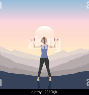 sporty girl does outdoor sport with dumbbells on mountain landscape Stock Vector