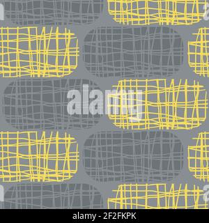 Irregular weave effect vector rectangles seamless pattern background. Backdrop with alternating rows of yellow and dark grey rounded coarsely woven Stock Vector