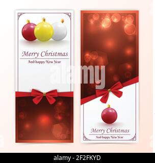 Holiday christmas vertical banners with baubles bokeh and red bows flat isolated vector illustration Stock Vector