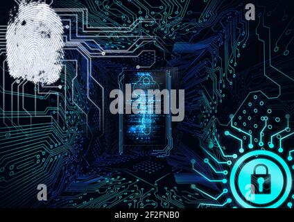 Fingerprint scanner and security key icon against microprocessor connection on blue background Stock Photo
