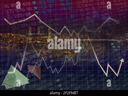Multiple graphs over grid network and stock market data processing against cityscape Stock Photo