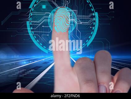 Human thumb over biometric scanner against microprocessor connections on blue background Stock Photo