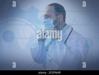 Financial data processing over male doctor wearing face mask against white background Stock Photo