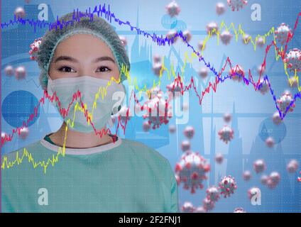 Portrait of female surgeon wearing face mask against covid-19 cells and financial data processing Stock Photo