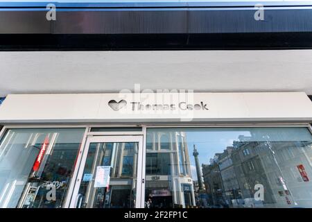 Newcastle upon Tyne UK: 6th March 2021: Closed down Travel Agents (Thomas Cook) on high street (Northumberland Street) Stock Photo