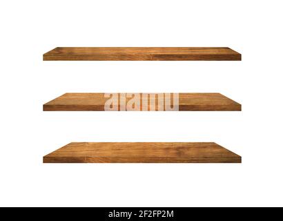 Set of  wood shelves isolated on white background with clipping path for design. Used for display or montage your products Stock Photo