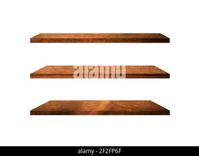 Three wooden shelves isolated on white background with clipping path ...