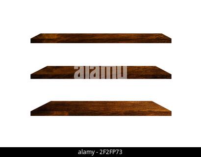Three wooden shelves isolated on white background with clipping path for your product or design Stock Photo