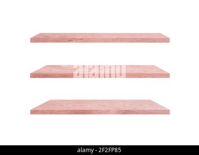 Three wooden shelves isolated on white background with clipping path for your product or design Stock Photo