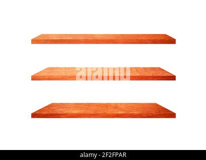 Three wooden shelves isolated on white background with clipping path for your product or design Stock Photo