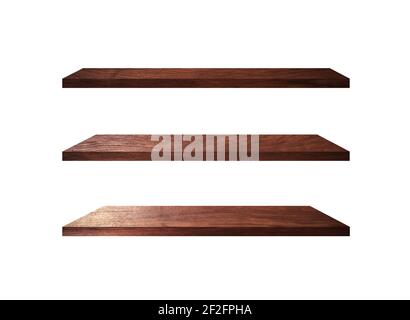 3 Retro wood shelves isolated on white background with copy space and clipping path for work Stock Photo