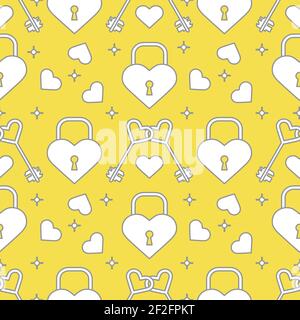Seamless pattern with hearts, lock, keys in heart shape. Greeting card happy Valentine's Day. Romantic background. Design for banner, poster or print. Stock Vector