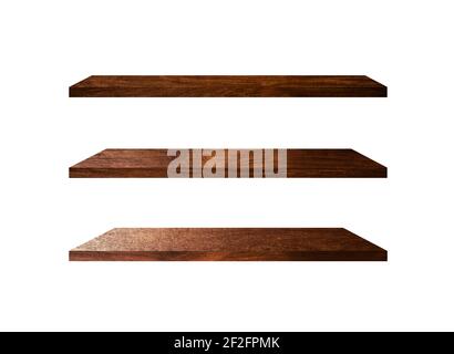 3 Retro wood shelves isolated on white background with copy space and clipping path for work Stock Photo