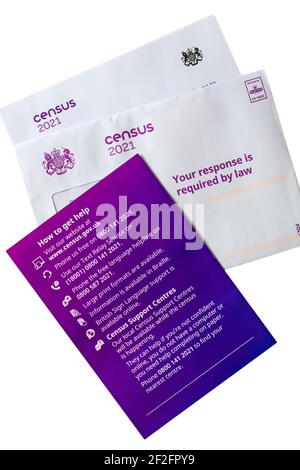 Census 2021 England UK mail literature - envelope and card how to get help isolated on white background Stock Photo
