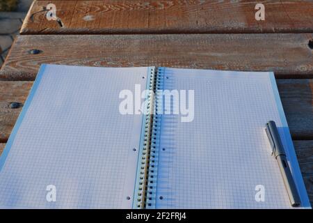Open notebook and Lamy Fountain Pen Outdoor on Wooden Desk Stock Photo