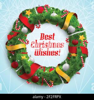 Best christmas wishes background with decorated holiday wreath flat vector illustration Stock Vector