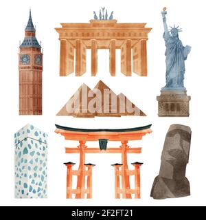 Watercolor landmarks collection Vector illustration. Stock Vector