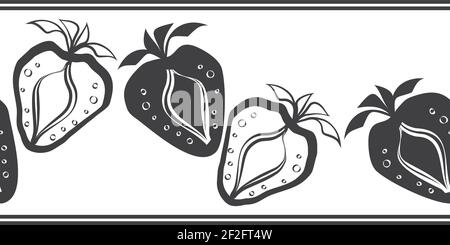 Strawberry linocut seamless vector border background. Stencil style banner with hand drawn black berries on white backdrop. Monochrome minimalist Stock Vector