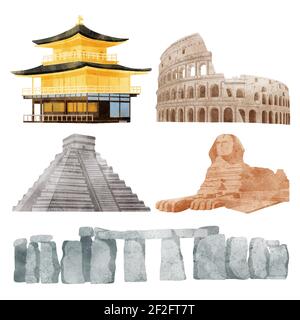 Watercolor landmarks collection Vector illustration. Stock Vector