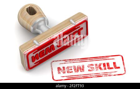 New skill. The stamp and an imprint. Wooden stamp and red imprint NEW SKILL on white surface. 3D illustration Stock Photo