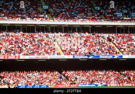 1999 Cardiff Wales Principality Stadium - Crowds in the Millennium Stadium Cardiff (now the Principality Stadium) for the warm up match of  Wales against the USA, 30th August 1999. The 1999 Rugby World Cup was the fourth Rugby World Cup. It was principally hosted by Wales, and was won by Australia.This was the last warm up game before the 1999 Rugby World Cup started. Since opening in June 1999, the Millennium Stadium has had over 1.3 million visitors per year. Cardiff, South Glamorgan, Wales,GB,UK, Europe Stock Photo