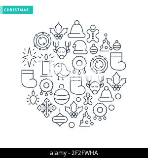 Winter holidays lined icons collection with Christmas elements and symbols in round shape isolated vector illustration Stock Vector