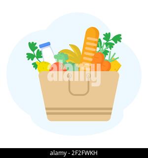 Paper bag with food. Vegetables, bread, dairy products, milk and cheese. Grocery delivery concept. Flat vector illustration. Stock Vector
