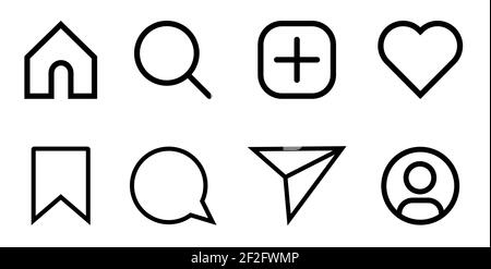 Set of Social Media Icons. Like, Comment, Share, Save, Home, Search, Admin. Silhouette Flat Line Art Symbols Web Flat Icon Stock Vector