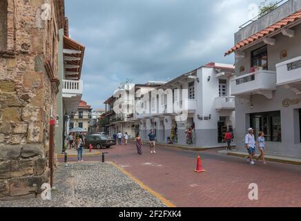 building facades in the historic old town, Casco Viejo, Panama City Stock Photo