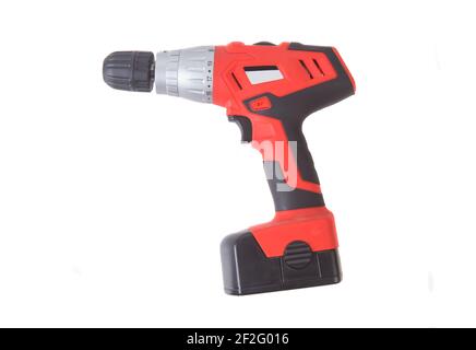 Modern cordless drill isolated on white. Close-up Stock Photo