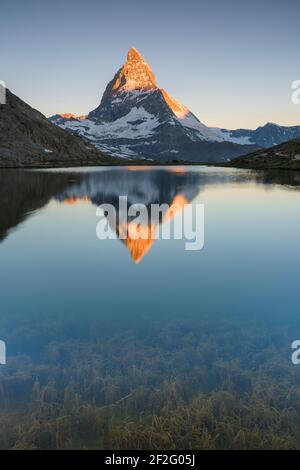 geography / travel, Switzerland, Wallis, Zermatt, First light of the rising sun illuminating the famou, Additional-Rights-Clearance-Info-Not-Available Stock Photo