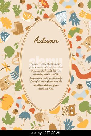 Abstract seasonal colorful template with text in oval frame and autumn elements on light background vector illustration Stock Vector