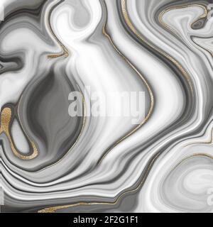 Beautiful grey abstract marble agate with golden veins texture. Fluid marbling effect. Illustration Stock Photo