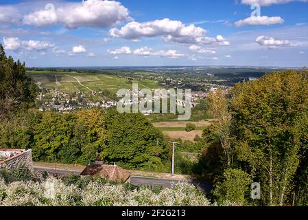 Aerial view of Saint-Satur and its viaduct seen from town Sancerre. Saint-Satur is a commune in the Cher department in central France. Stock Photo