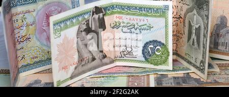 Old Egyptian money collection, Old various Egyptian banknotes, collection of old paper Egyptian banknotes. famous ancient banknotes. Stock Photo