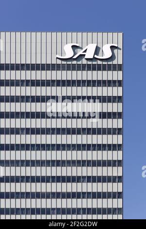 Copenhagen, Denmark - April 2, 2019: SAS building in Copenhagen. Scandinavian Airlines is the flag carrier of Sweden, Norway, and Denmark Stock Photo