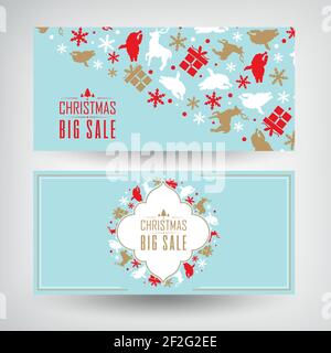 Vector set of two Christmas sale banners with information about discounts on the blue background decorated by the traditional objects and symbols vect Stock Vector