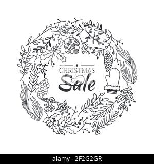 Christmas sale wreath sketch composition poster with beautiful cartoons of branches and traditional winter symbols hand drawing vector illustration Stock Vector