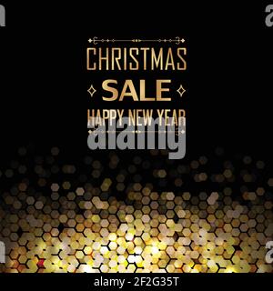 Christmas sale and happy new year poster with decorative arrows and hexagonal golden elements as combs on the black background vector illustration Stock Vector