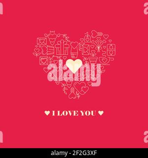 Declaration of love poster with three words, small white heart in the centre of the big heart frame consisting of beautiful images on the red backgrou Stock Vector